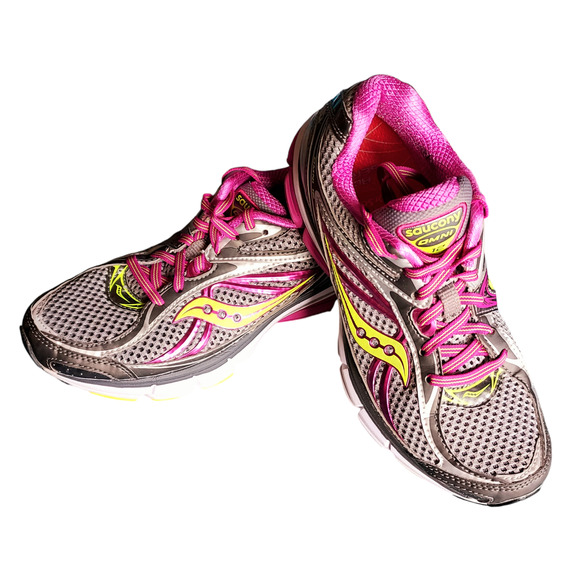 Saucony Progrid Omni 12 Womens Running Shoe Sneaker Gray Pink Purple Neon Sz 7.5 - Picture 2 of 10
